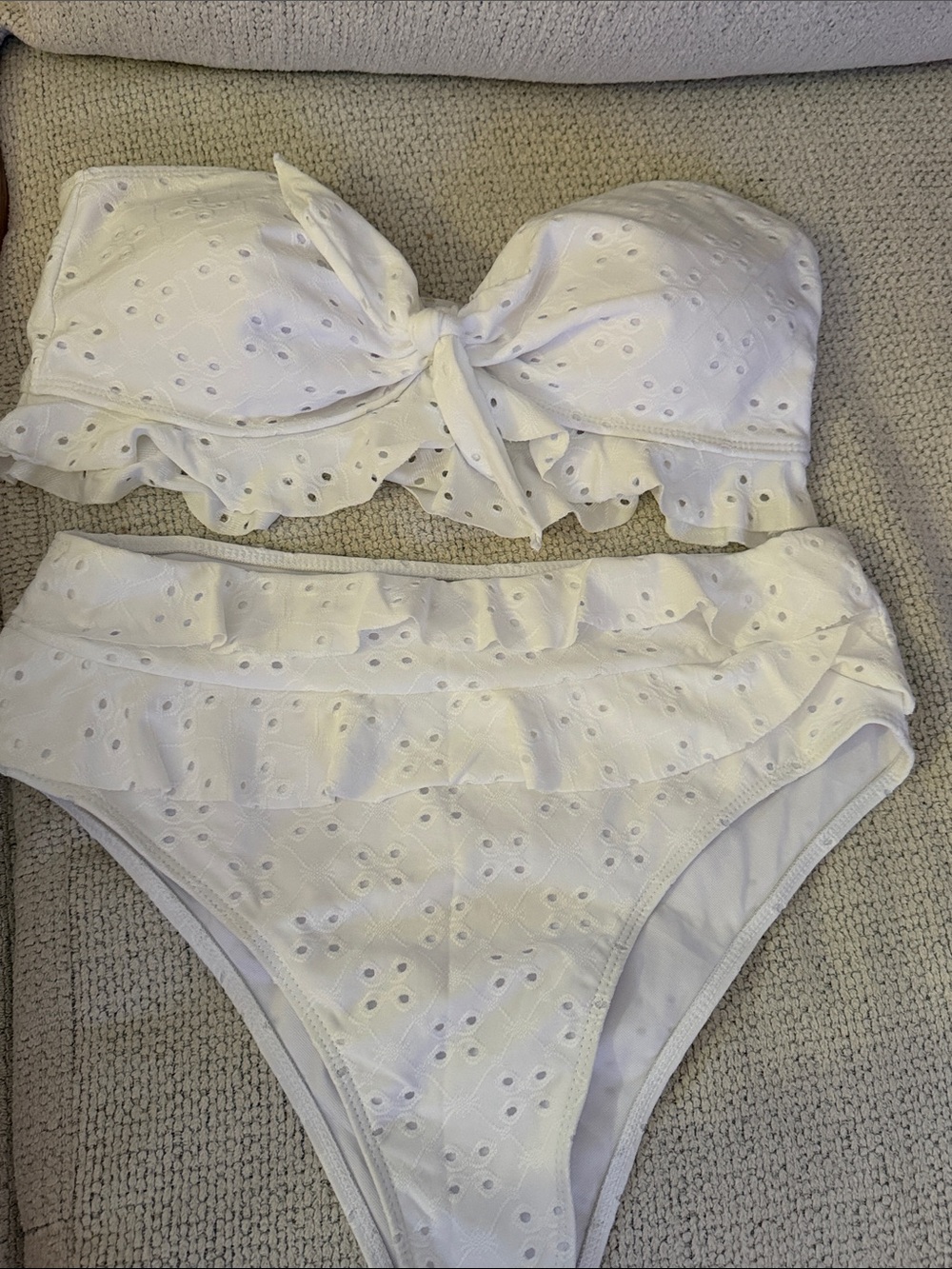 White Eyelet Ruffle Bandeau Bikini Set